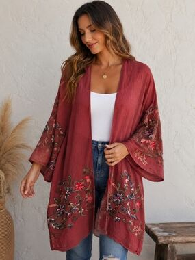 Boho Embroidered Floral Open Front Kimono Duster Cardigan Lightweight